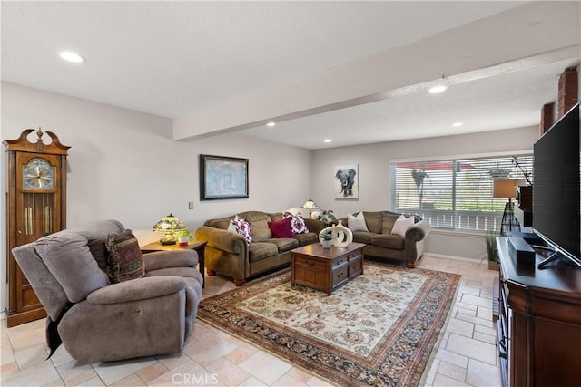 living room with beam ceiling, recessed lighting, and baseboards