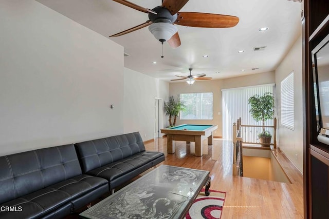 living room with a ceiling fan, billiards, wood finished floors, recessed lighting, and baseboards