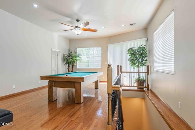 game room with light wood finished floors, visible vents, recessed lighting, and a ceiling fan