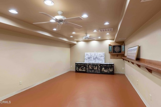 below grade area with a ceiling fan, recessed lighting, visible vents, and baseboards