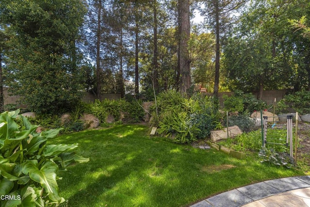 view of yard with a fenced backyard and a garden