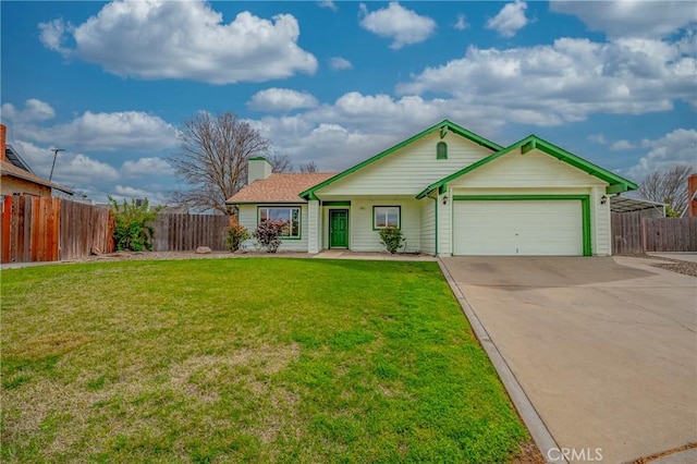 single story home featuring driveway, a front yard, a garage, and fence