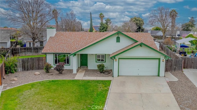 single story home with a front yard, fence, roof with shingles, concrete driveway, and a garage