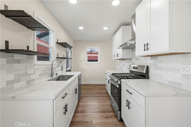 kitchen with baseboards, stainless steel appliances, wood finished floors, white cabinetry, and a sink