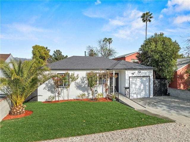 ranch-style house with stucco siding, an attached garage, concrete driveway, and a front yard