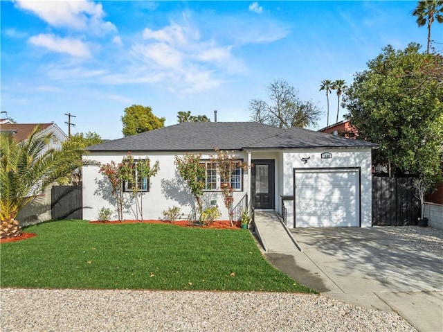 ranch-style house with a front lawn, fence, stucco siding, a garage, and driveway