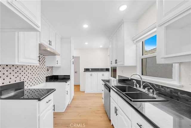 kitchen featuring light wood-style flooring, a sink, white cabinets, under cabinet range hood, and dishwasher