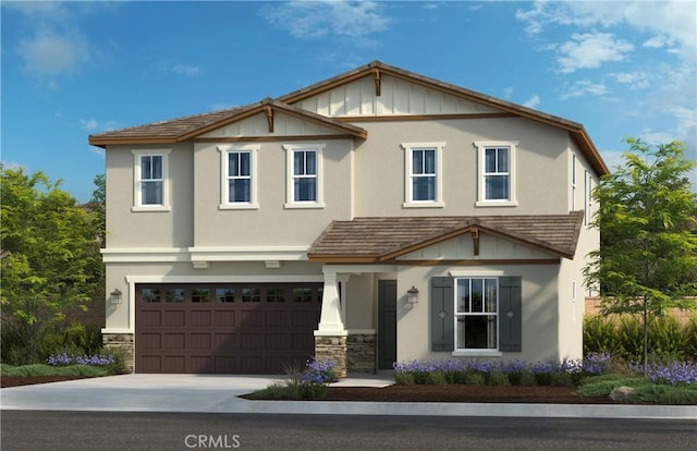 view of front of home with a garage, stone siding, concrete driveway, and stucco siding