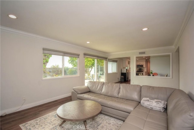 living area featuring baseboards, visible vents, wood finished floors, and ornamental molding