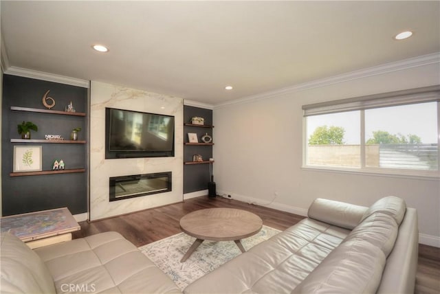 living room featuring baseboards, crown molding, wood finished floors, and a premium fireplace