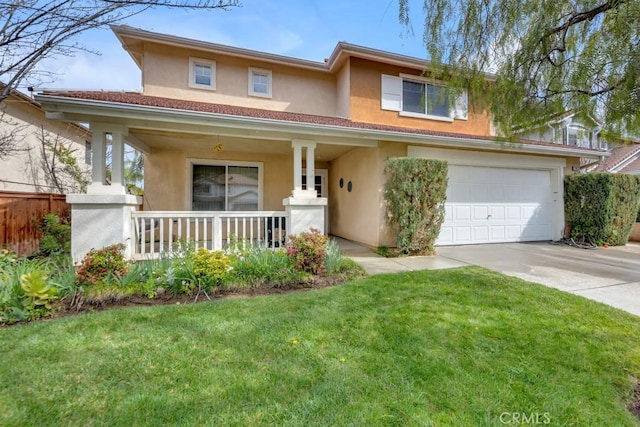 view of front of home with stucco siding, a porch, concrete driveway, and a front lawn