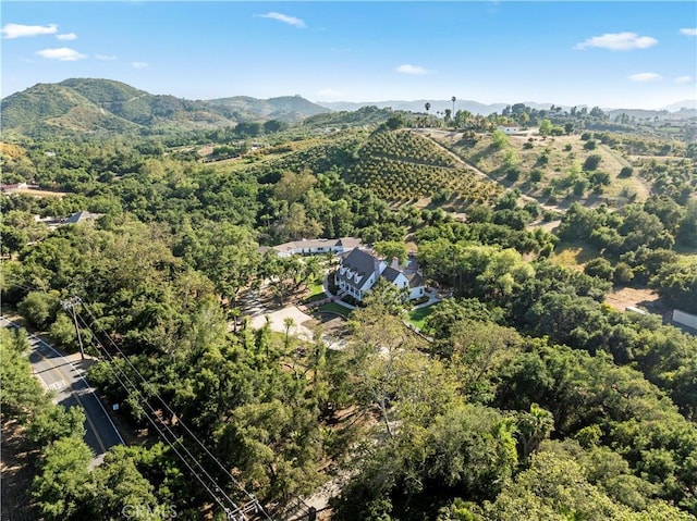 birds eye view of property with a mountain view and a view of trees