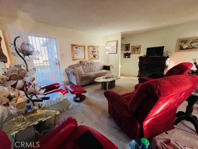 carpeted living room with a textured ceiling