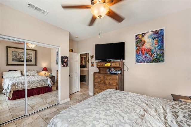 bedroom featuring a closet, visible vents, and ceiling fan