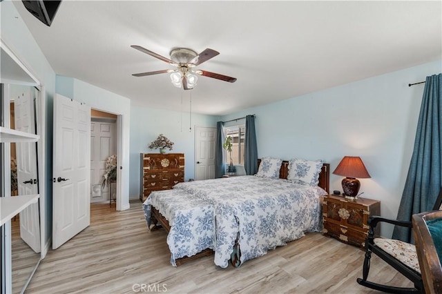 bedroom featuring light wood-type flooring and ceiling fan