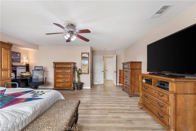 bedroom featuring light wood-type flooring, visible vents, baseboards, and a ceiling fan