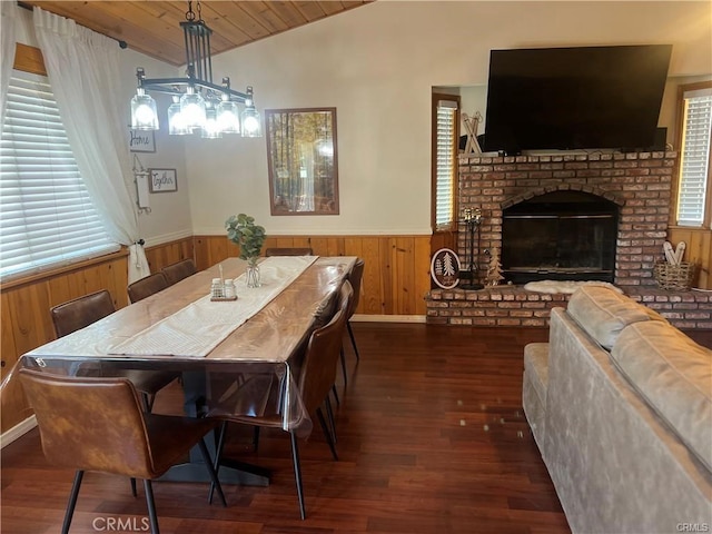 dining space with wood finished floors, wood walls, wainscoting, lofted ceiling, and wood ceiling