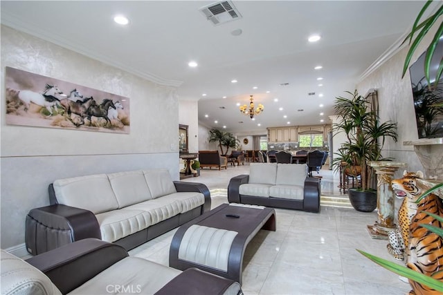 68340 Verano Rd, Cathedral City, CA 92234 - living area featuring visible vents, recessed lighting, crown molding, a notable chandelier, and marble finish floor