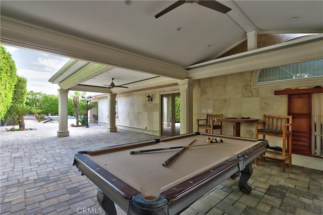 68340 Verano Rd, Cathedral City, CA 92234 - rec room with pool table, a ceiling fan, lofted ceiling with beams, and ornate columns