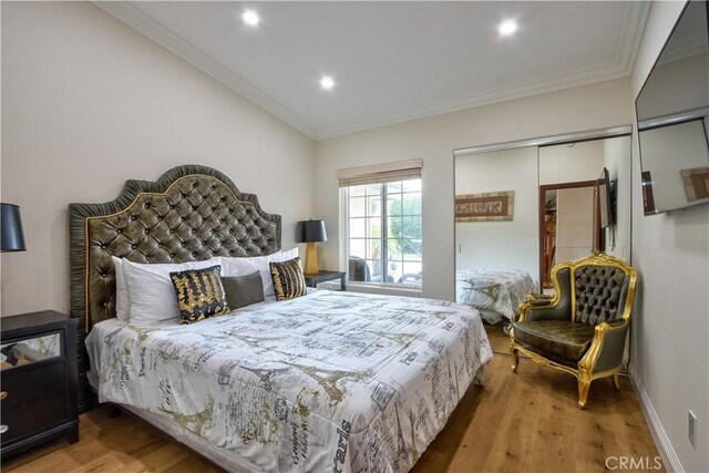 68340 Verano Rd, Cathedral City, CA 92234 - bedroom featuring recessed lighting, crown molding, baseboards, and wood finished floors