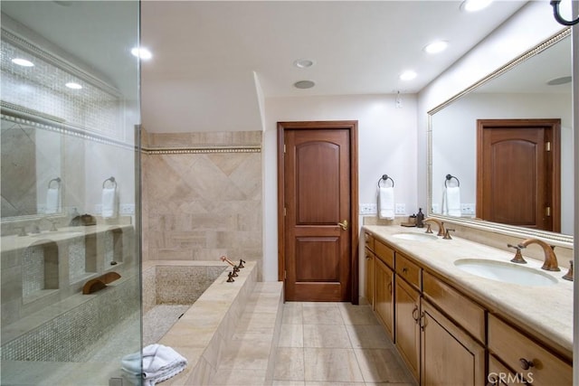 68340 Verano Rd, Cathedral City, CA 92234 - full bathroom featuring a sink, a garden tub, double vanity, and a tile shower