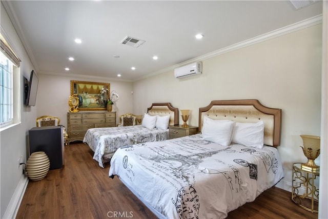 68340 Verano Rd, Cathedral City, CA 92234 - bedroom with visible vents, crown molding, baseboards, an AC wall unit, and wood finished floors