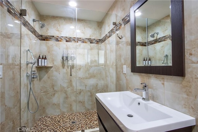 68340 Verano Rd, Cathedral City, CA 92234 - full bath with vanity, tile walls, and a shower stall