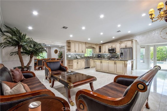 68340 Verano Rd, Cathedral City, CA 92234 - living area with visible vents, recessed lighting, crown molding, and lofted ceiling
