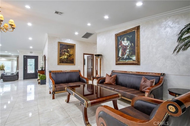 68340 Verano Rd, Cathedral City, CA 92234 - living area with crown molding, recessed lighting, visible vents, and marble finish floor