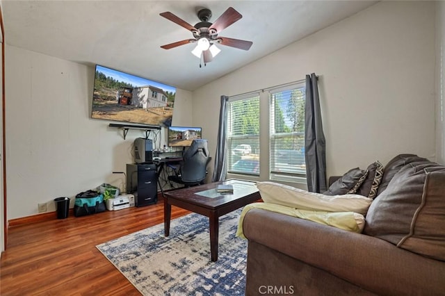 22292 N Tuolumne Rd, Twain Harte, CA 95383 - home office featuring wood finished floors, a ceiling fan, and vaulted ceiling