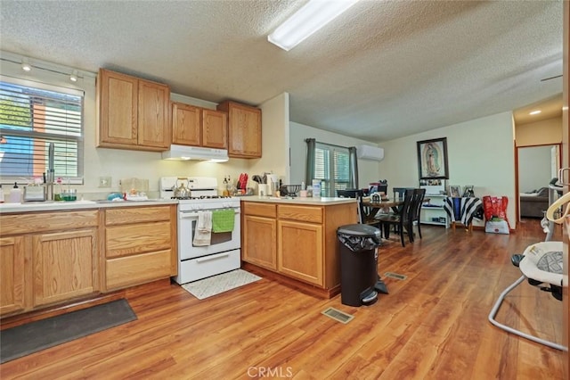 22292 N Tuolumne Rd, Twain Harte, CA 95383 - kitchen featuring visible vents, a wall mounted AC, white range with gas cooktop, a peninsula, and under cabinet range hood