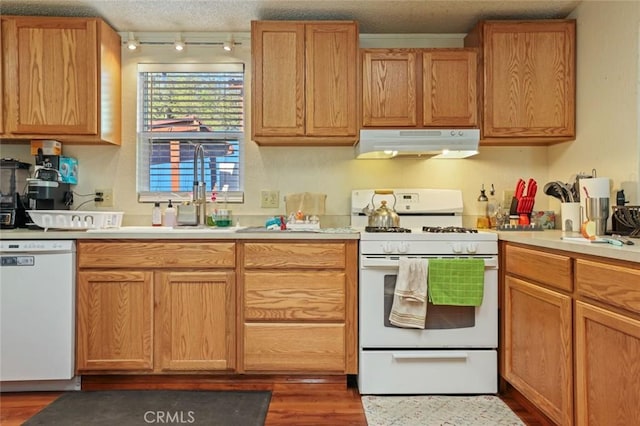 22292 N Tuolumne Rd, Twain Harte, CA 95383 - kitchen with under cabinet range hood, a sink, wood finished floors, white appliances, and light countertops