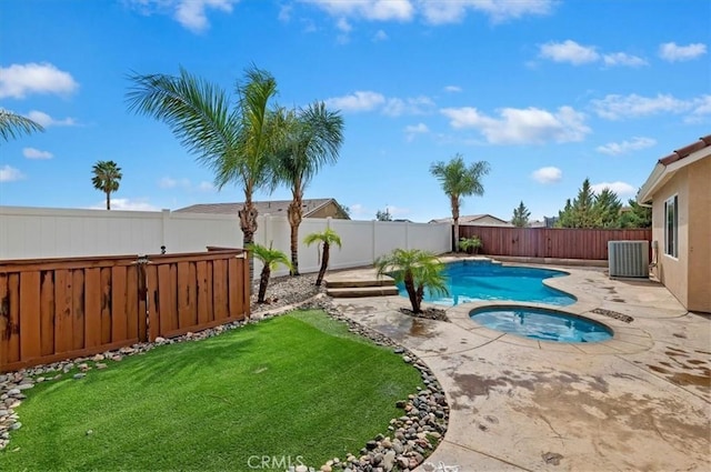 view of swimming pool featuring cooling unit, an in ground hot tub, a fenced in pool, a patio area, and a fenced backyard