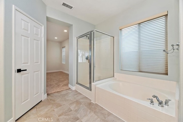 full bath with recessed lighting, tile patterned floors, a bath, visible vents, and a stall shower