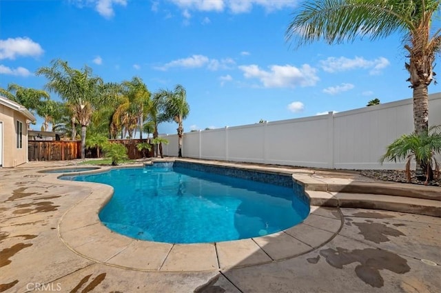 view of swimming pool featuring a fenced in pool, a patio, and a fenced backyard