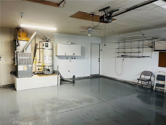 garage featuring water heater, heating unit, a garage door opener, and ceiling fan