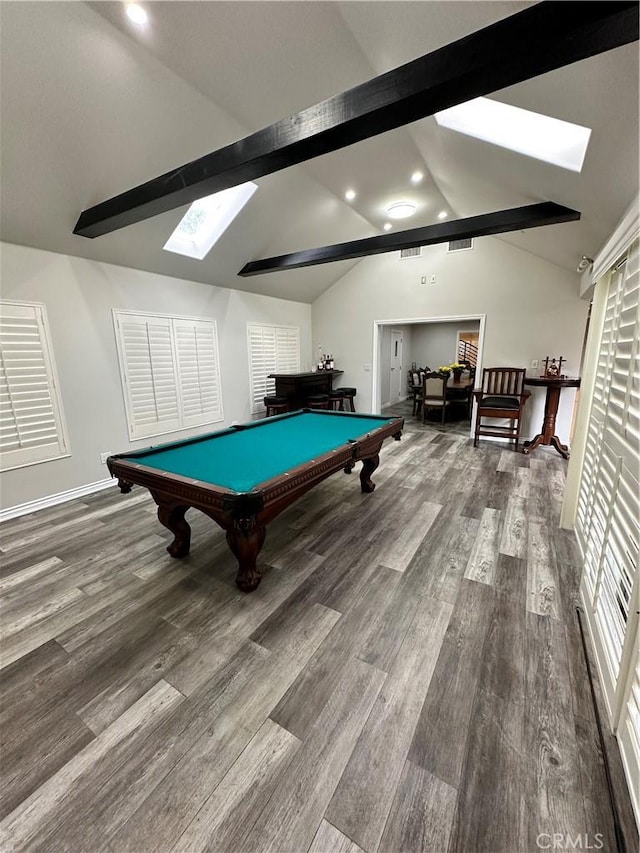 playroom featuring pool table, lofted ceiling with skylight, recessed lighting, and wood finished floors