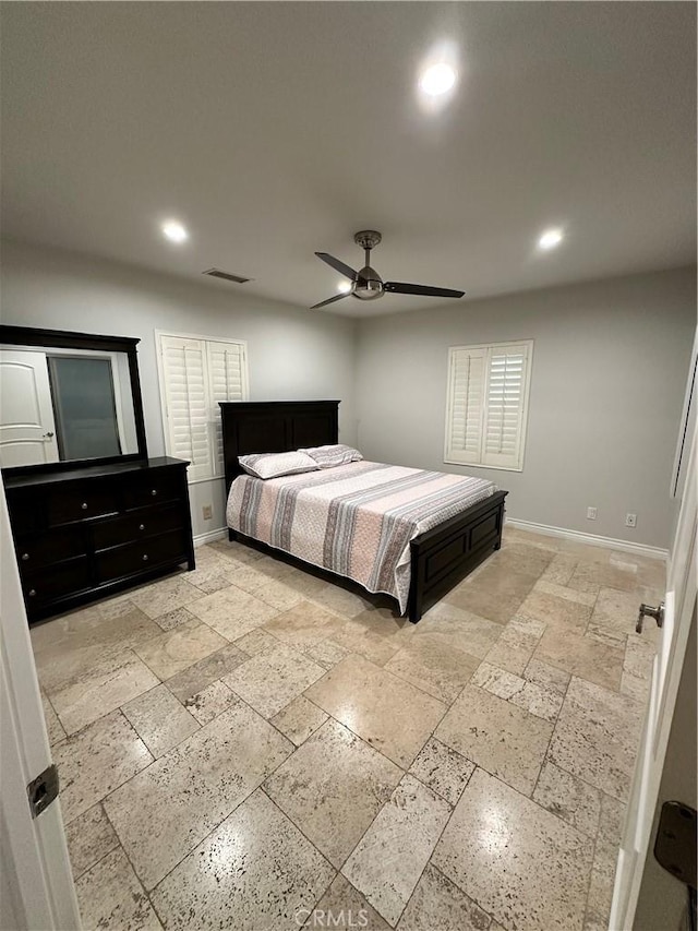 bedroom featuring recessed lighting, visible vents, and baseboards