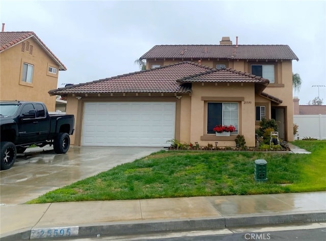 view of front of house with stucco siding, a front yard, a garage, a chimney, and a tiled roof