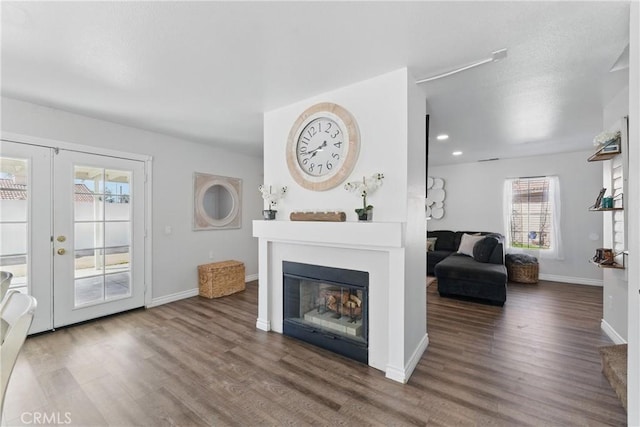 living room featuring baseboards, wood finished floors, french doors, and a glass covered fireplace
