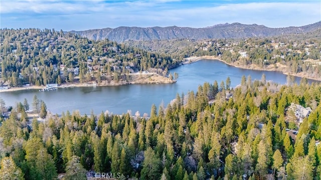 aerial view with a view of trees and a water and mountain view