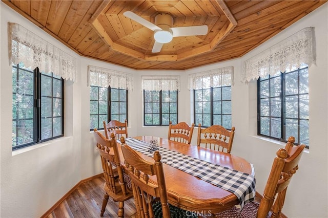 dining area featuring baseboards, ceiling fan, wood ceiling, a tray ceiling, and wood finished floors