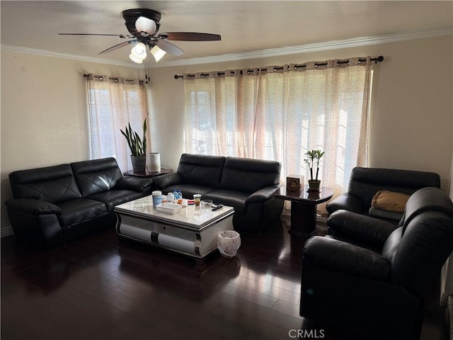 living area featuring crown molding, ceiling fan, and hardwood / wood-style flooring