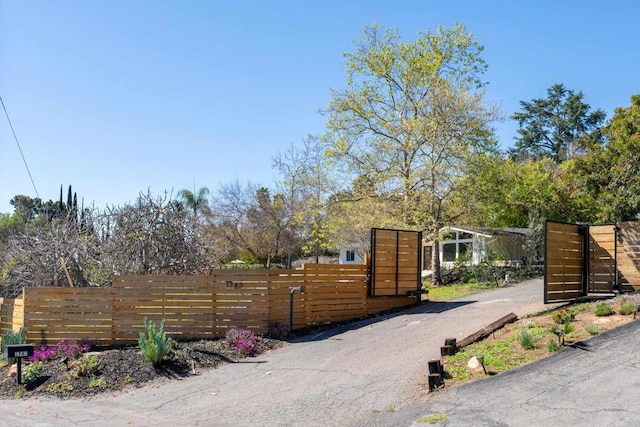 view of gate with a fenced front yard