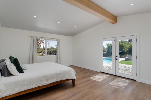 bedroom with baseboards, lofted ceiling with beams, french doors, light wood-style floors, and access to outside