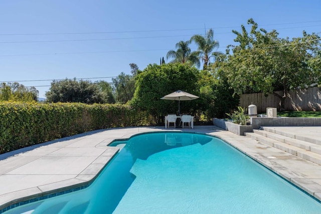 view of swimming pool with a fenced in pool, fence, and a patio