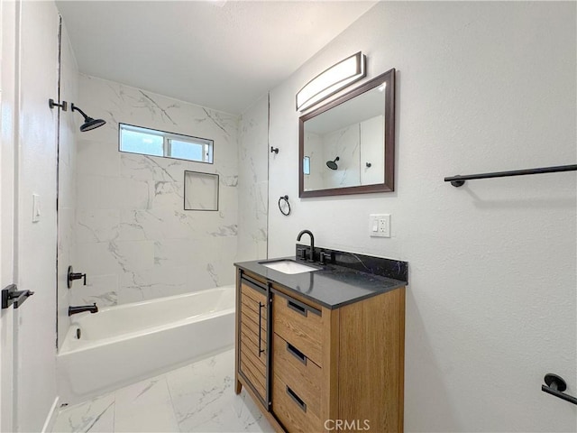 full bathroom with shower / washtub combination, marble finish floor, and vanity