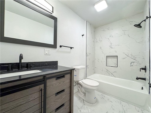 full bath with shower / tub combination, marble finish floor, toilet, and vanity