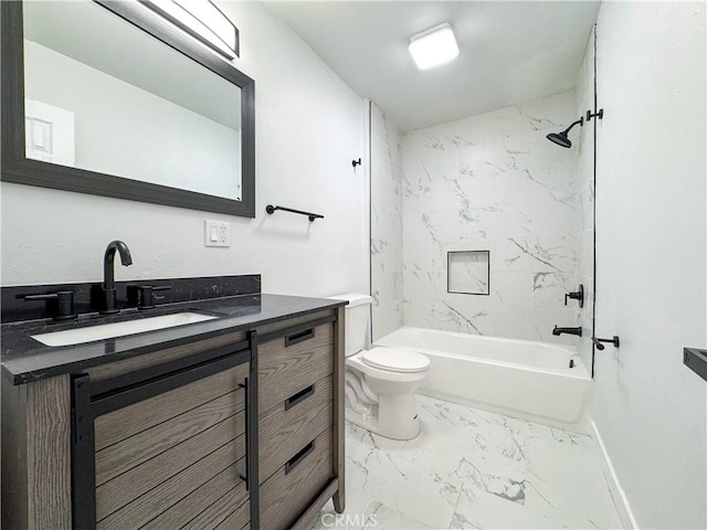 bathroom with baseboards, toilet, shower / bathtub combination, marble finish floor, and vanity