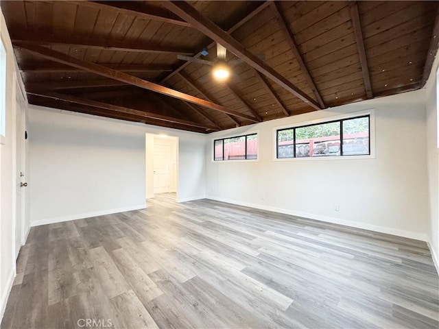 spare room featuring lofted ceiling with beams, baseboards, wood ceiling, and wood finished floors